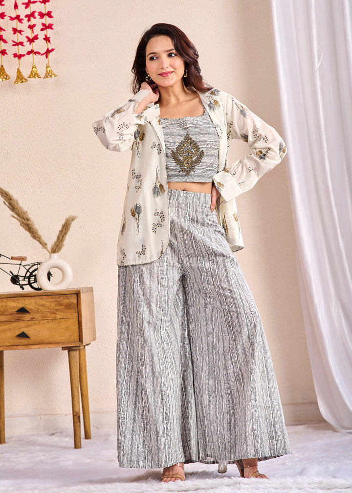 Stylish 3-Piece Cotton Co-Ord Set with Mirror and Pearl Detailing