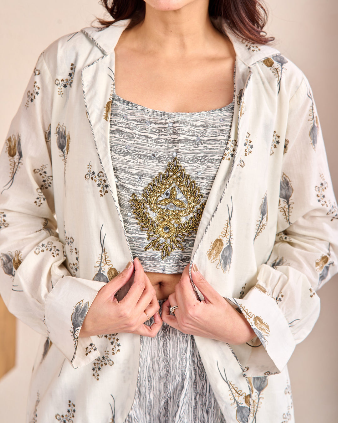 Stylish 3-Piece Cotton Co-Ord Set with Mirror and Pearl Detailing