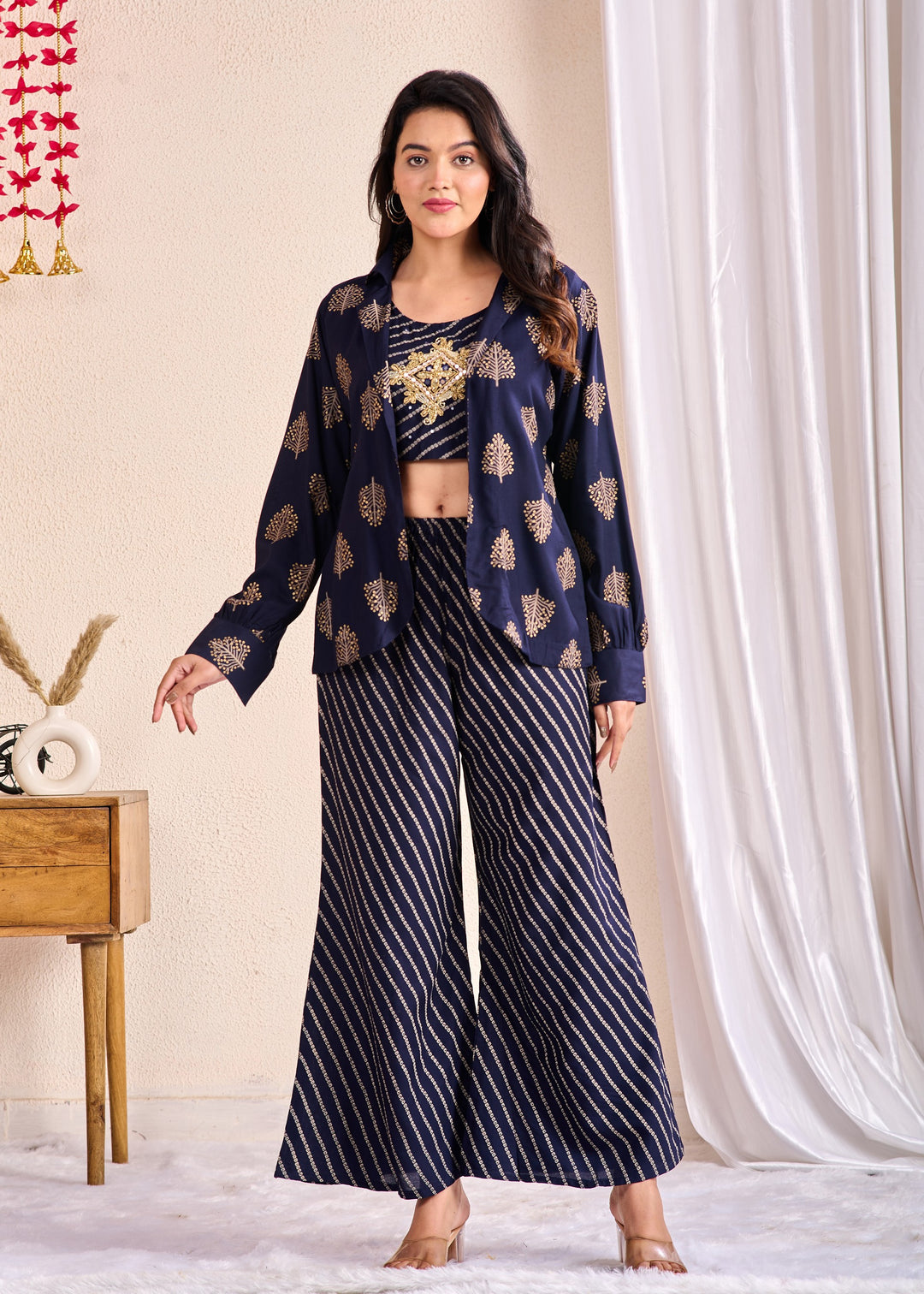 Stylish 3-Piece Rayon Co-Ord Set with Pearl, Pipe & Mirror Detailing