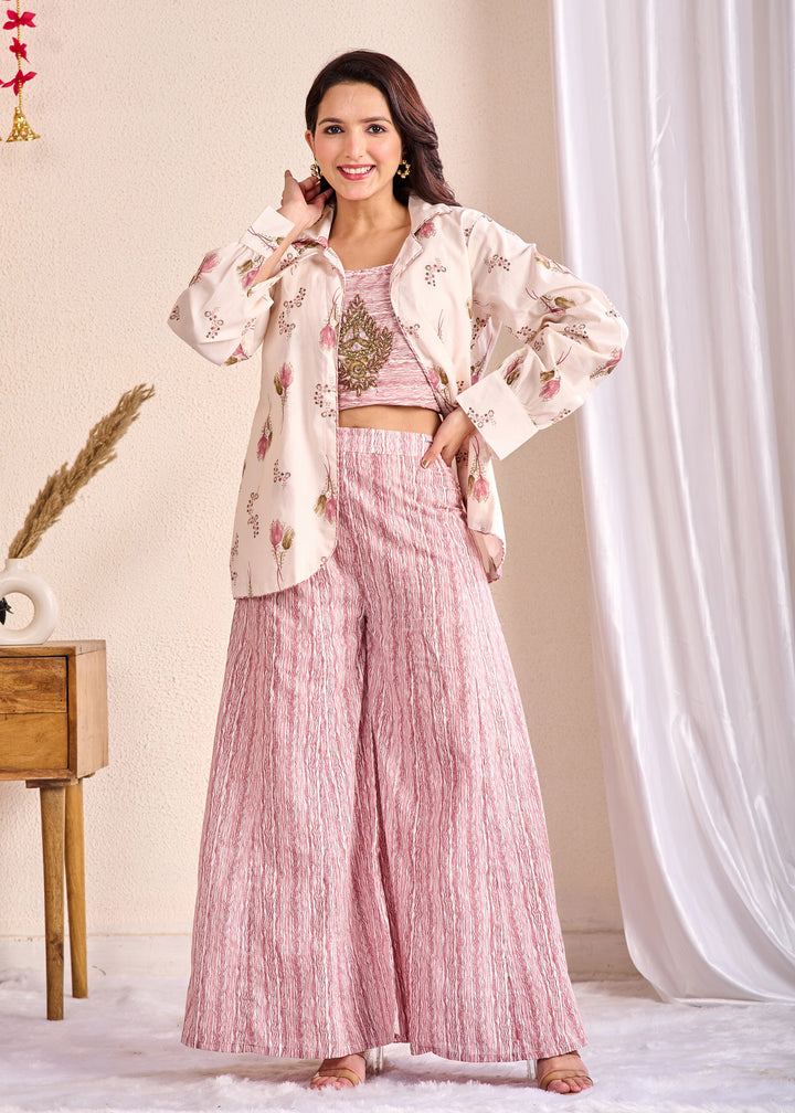 Stylish 3-Piece Cotton Co-Ord Set with Mirror and Pearl Detailing