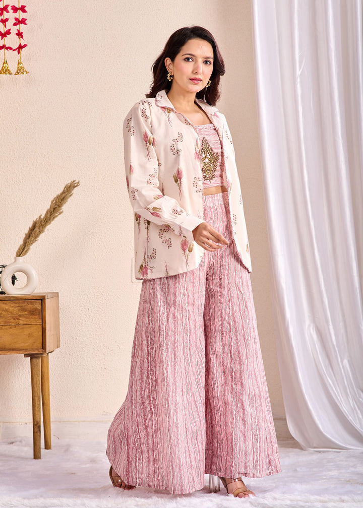 Stylish 3-Piece Cotton Co-Ord Set with Mirror and Pearl Detailing