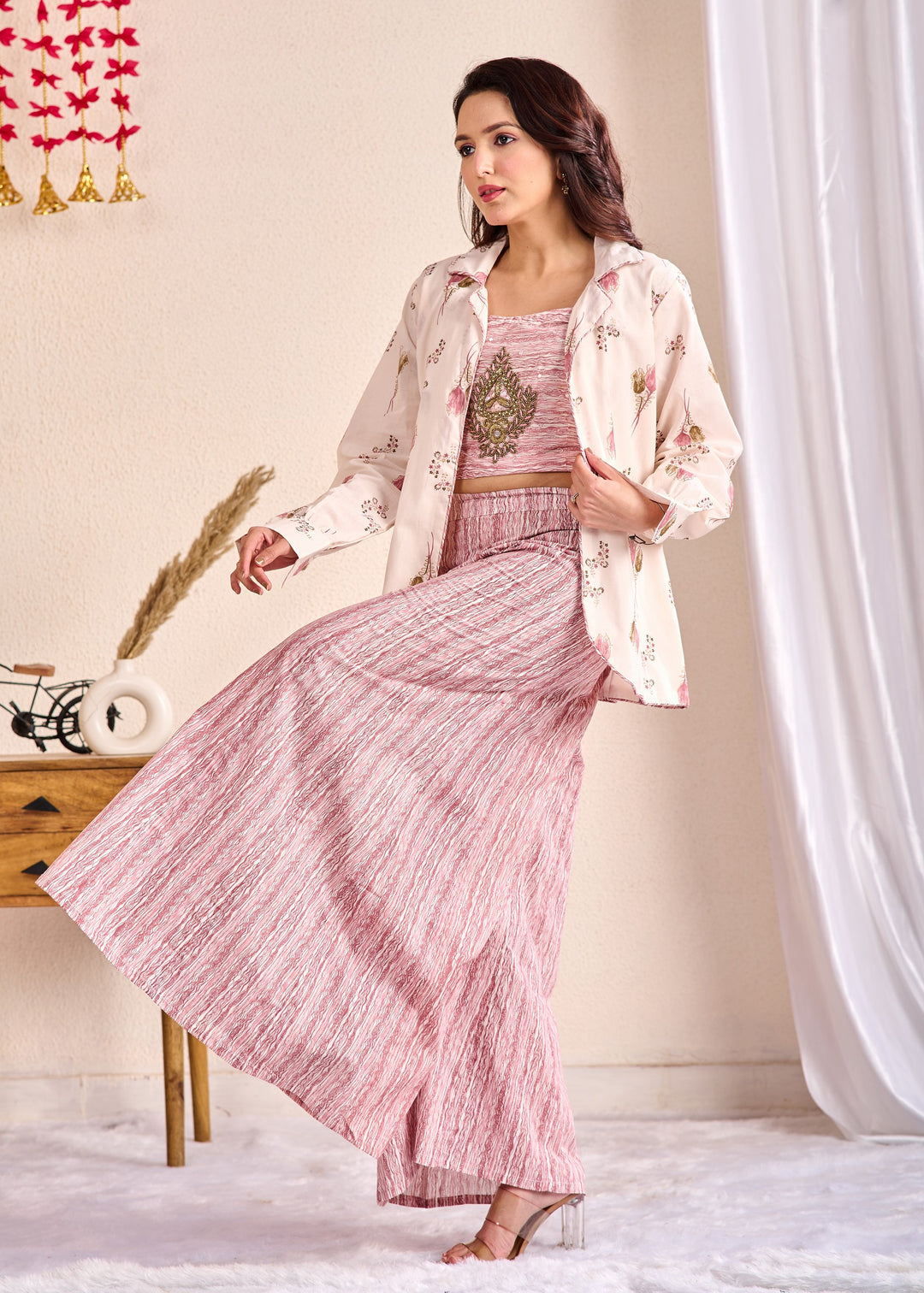 Stylish 3-Piece Cotton Co-Ord Set with Mirror and Pearl Detailing