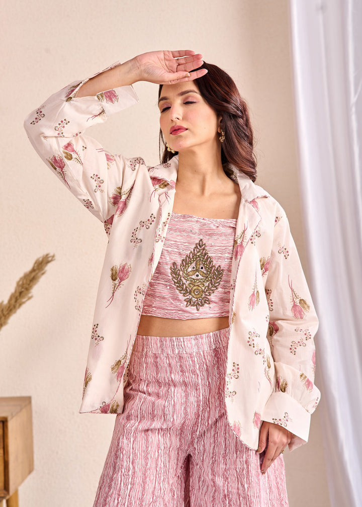 Stylish 3-Piece Cotton Co-Ord Set with Mirror and Pearl Detailing