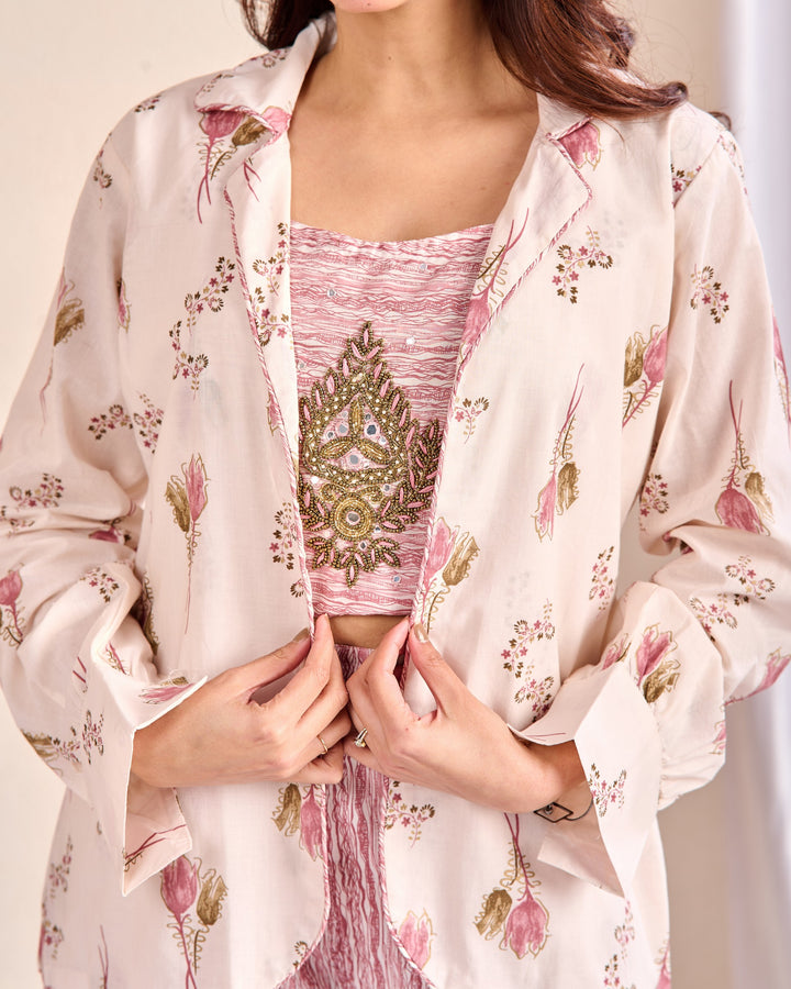Stylish 3-Piece Cotton Co-Ord Set with Mirror and Pearl Detailing