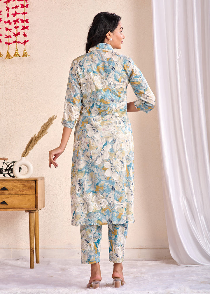 Chic 3-Piece Cotton Co-Ord Set with Embroidered Mirror Work - V Neck, Full Sleeves, Multi-Color