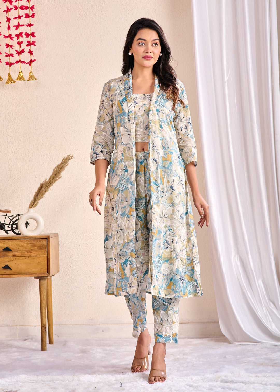 Chic 3-Piece Cotton Co-Ord Set with Embroidered Mirror Work - V Neck, Full Sleeves, Multi-Color