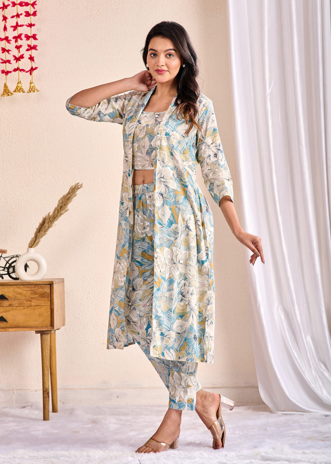 Chic 3-Piece Cotton Co-Ord Set with Embroidered Mirror Work - V Neck, Full Sleeves, Multi-Color