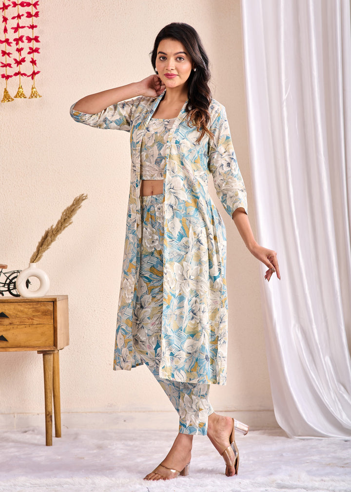 Chic 3-Piece Cotton Co-Ord Set with Embroidered Mirror Work - V Neck, Full Sleeves, Multi-Color