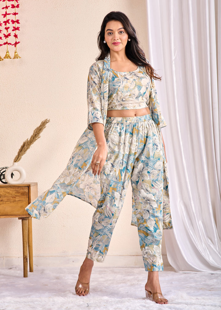 Chic 3-Piece Cotton Co-Ord Set with Embroidered Mirror Work - V Neck, Full Sleeves, Multi-Color
