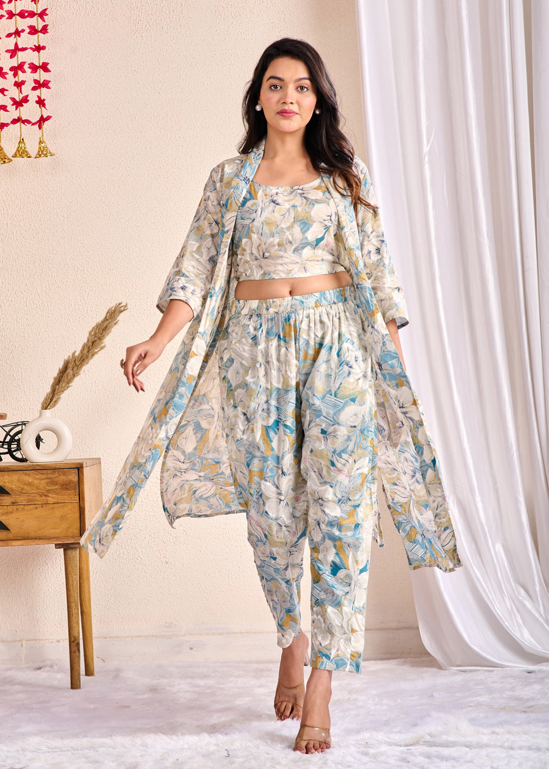 Chic 3-Piece Cotton Co-Ord Set with Embroidered Mirror Work - V Neck, Full Sleeves, Multi-Color