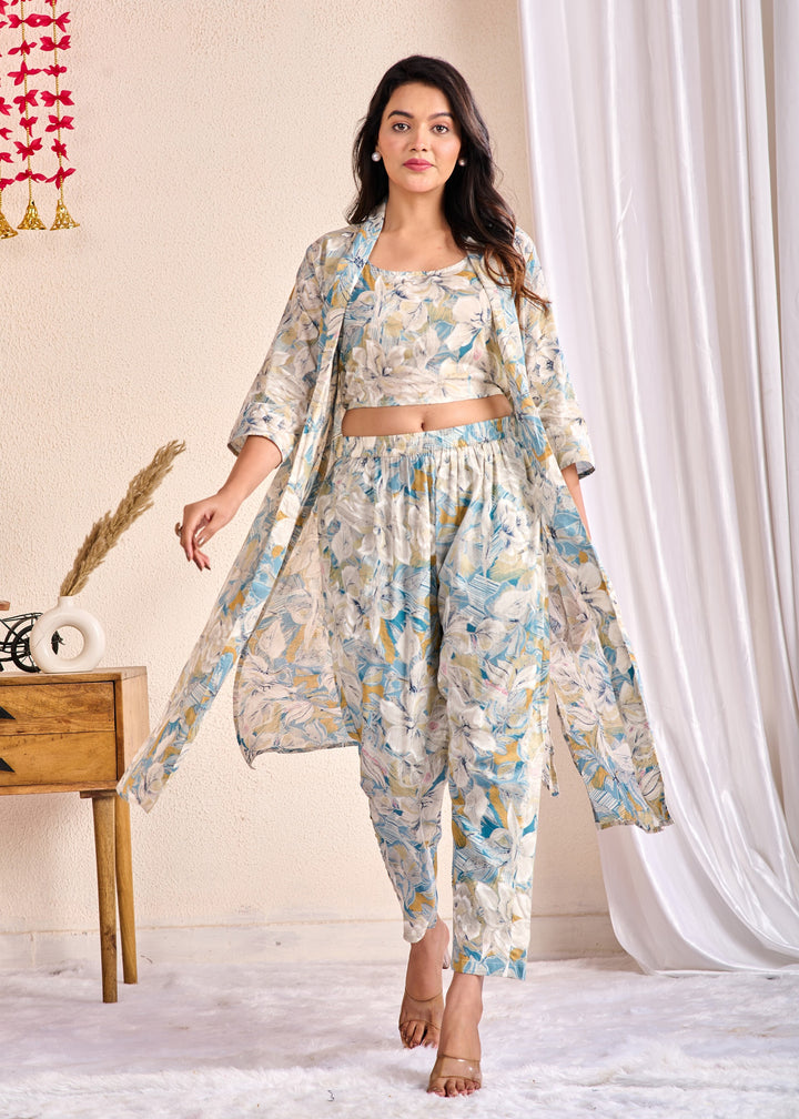 Chic 3-Piece Cotton Co-Ord Set with Embroidered Mirror Work - V Neck, Full Sleeves, Multi-Color