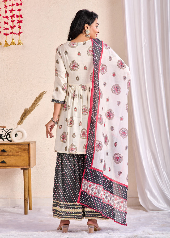 Ethnic Wear Cotton Sharara Suit Set with Zari & Aari Work – 3 Piece Off-White Set (M-XXXL)
