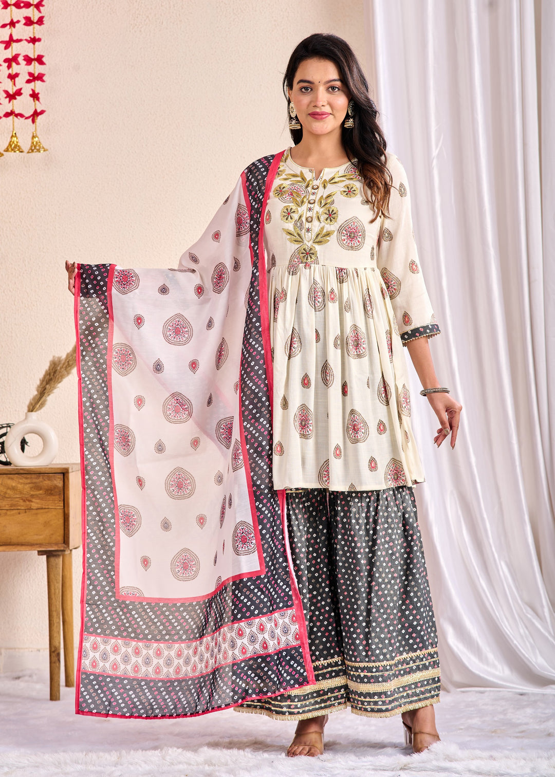 Ethnic Wear Cotton Sharara Suit Set with Zari & Aari Work – 3 Piece Off-White Set (M-XXXL)