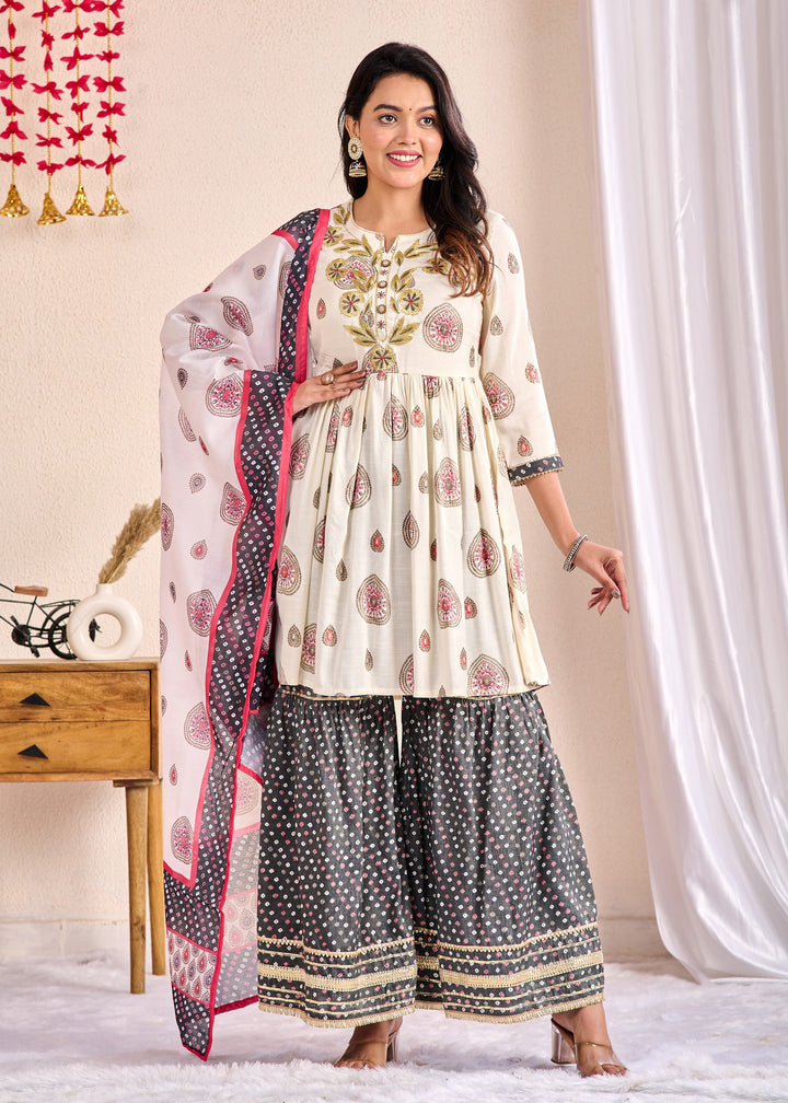 Ethnic Wear Cotton Sharara Suit Set with Zari & Aari Work – 3 Piece Off-White Set (M-XXXL)