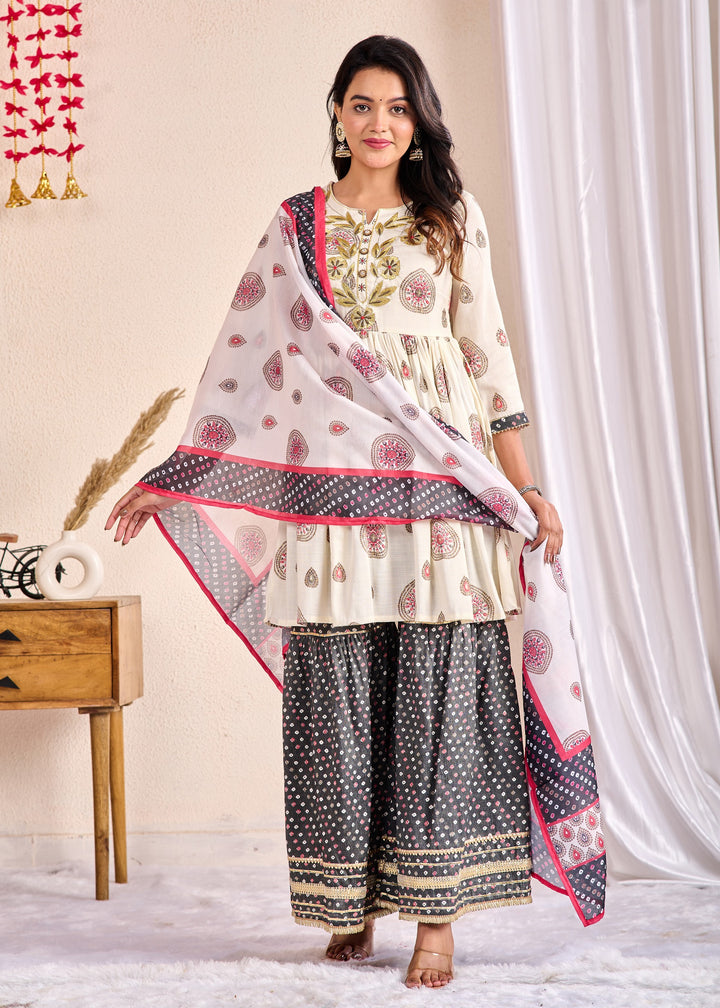 Ethnic Wear Cotton Sharara Suit Set with Zari & Aari Work – 3 Piece Off-White Set (M-XXXL)