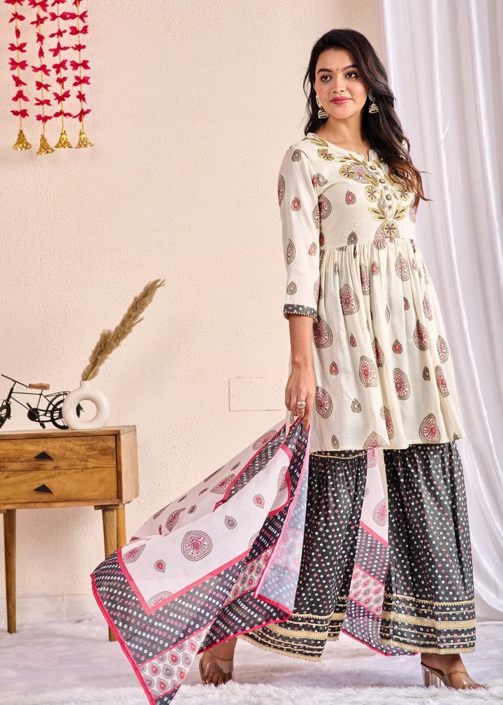 Ethnic Wear Cotton Sharara Suit Set with Zari & Aari Work – 3 Piece Off-White Set (M-XXXL)