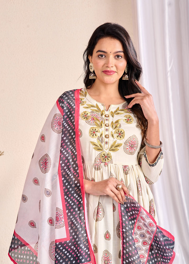 Ethnic Wear Cotton Sharara Suit Set with Zari & Aari Work – 3 Piece Off-White Set (M-XXXL)