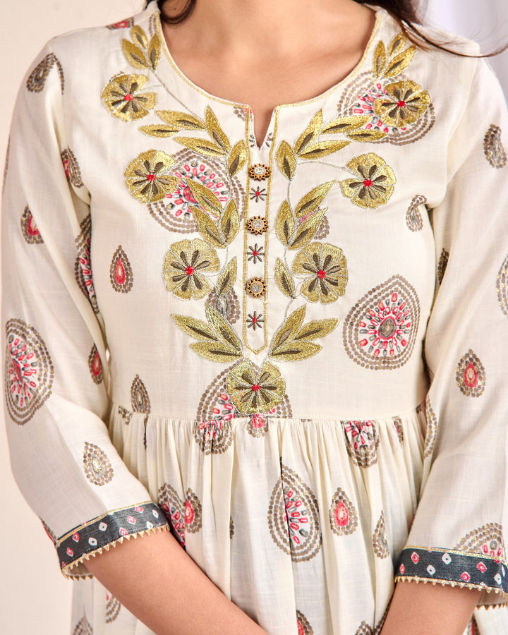 Ethnic Wear Cotton Sharara Suit Set with Zari & Aari Work – 3 Piece Off-White Set (M-XXXL)
