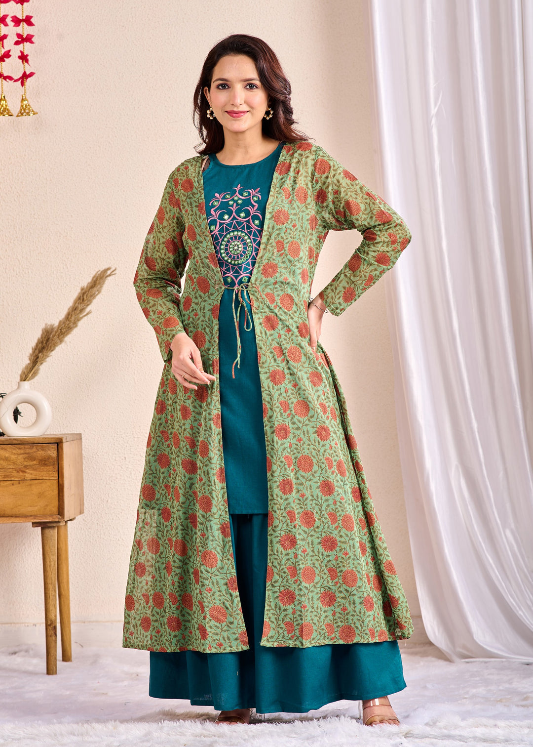 3-Piece Cotton Shrug Set with Mirror Work – Mixed Colour, V-Neck