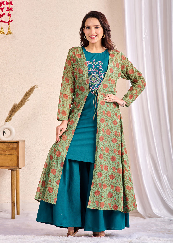 3-Piece Cotton Shrug Set with Mirror Work – Mixed Colour, V-Neck
