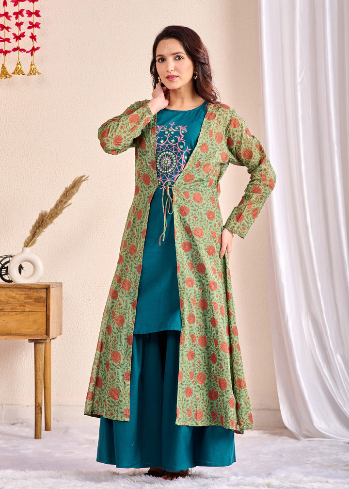 3-Piece Cotton Shrug Set with Mirror Work – Mixed Colour, V-Neck