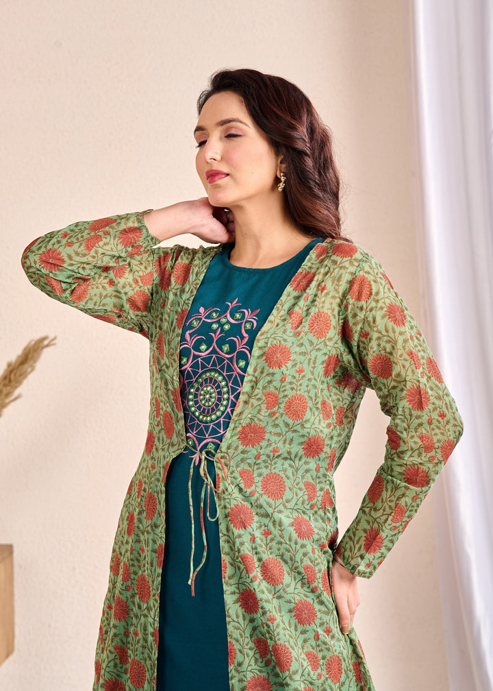 3-Piece Cotton Shrug Set with Mirror Work – Mixed Colour, V-Neck