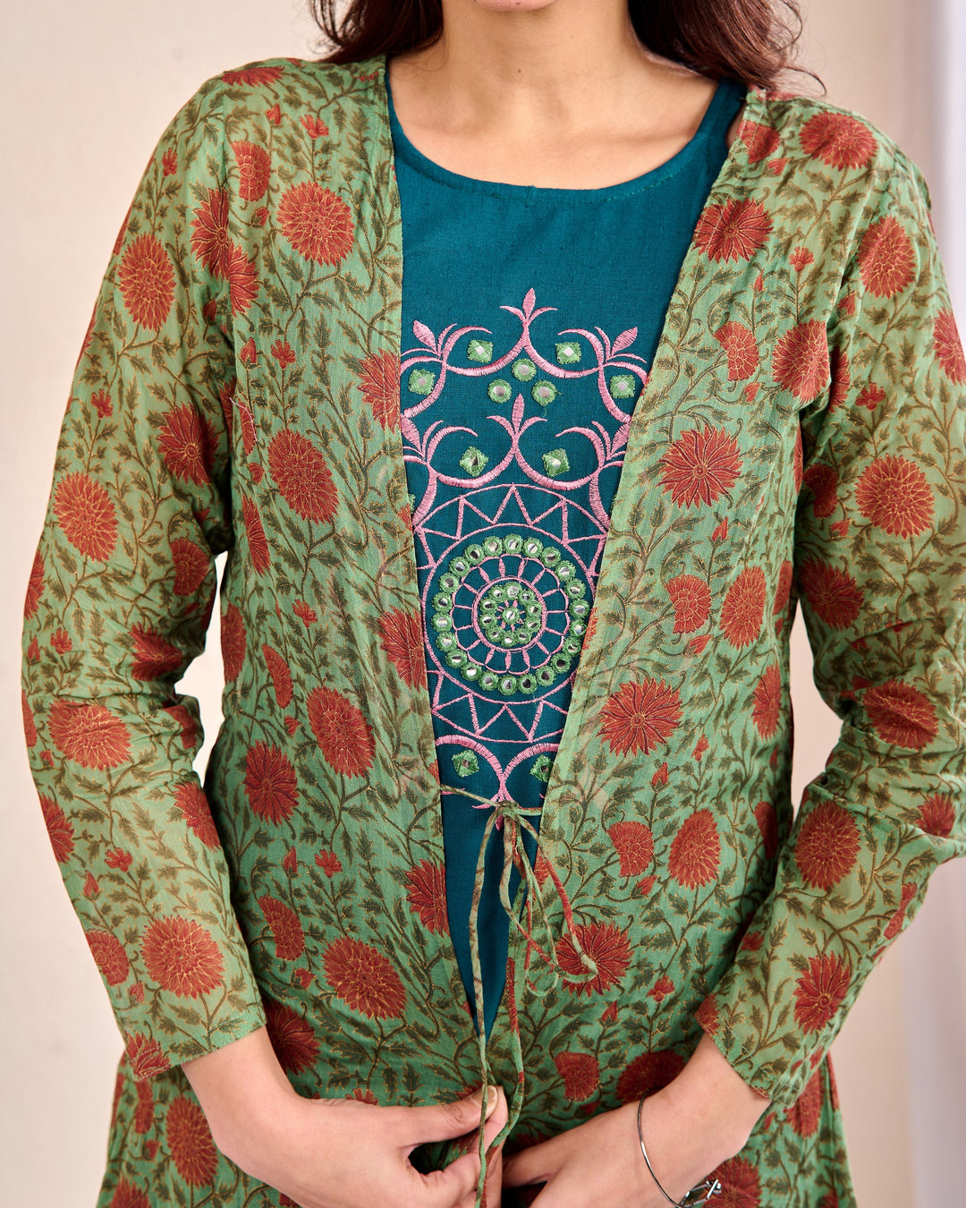 3-Piece Cotton Shrug Set with Mirror Work – Mixed Colour, V-Neck
