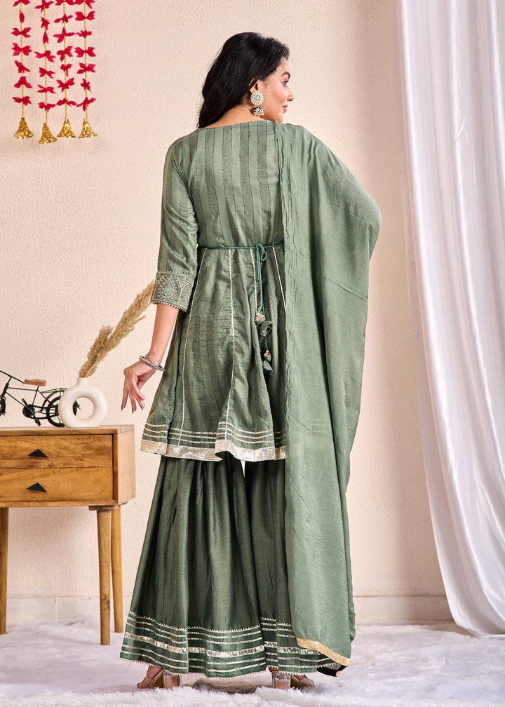 Elegant 3-Piece Muslin Sharara Suit Set with Zardosi, Gotta Patti, and Zari Work