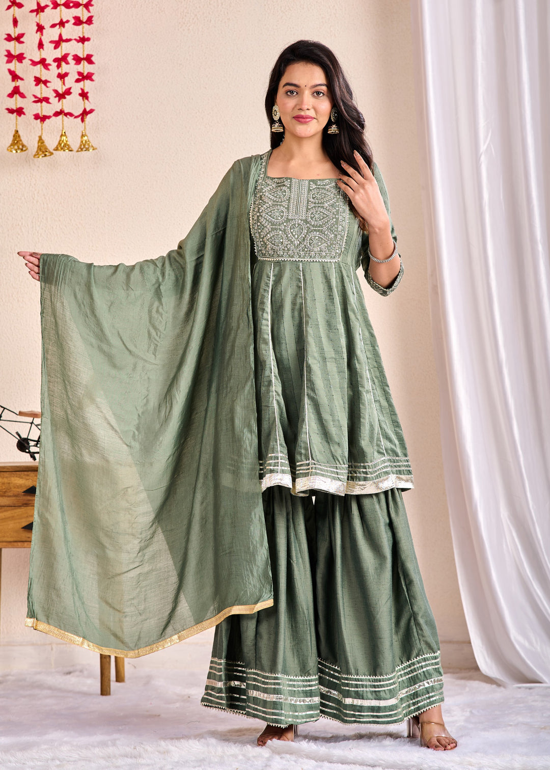 Elegant 3-Piece Muslin Sharara Suit Set with Zardosi, Gotta Patti, and Zari Work