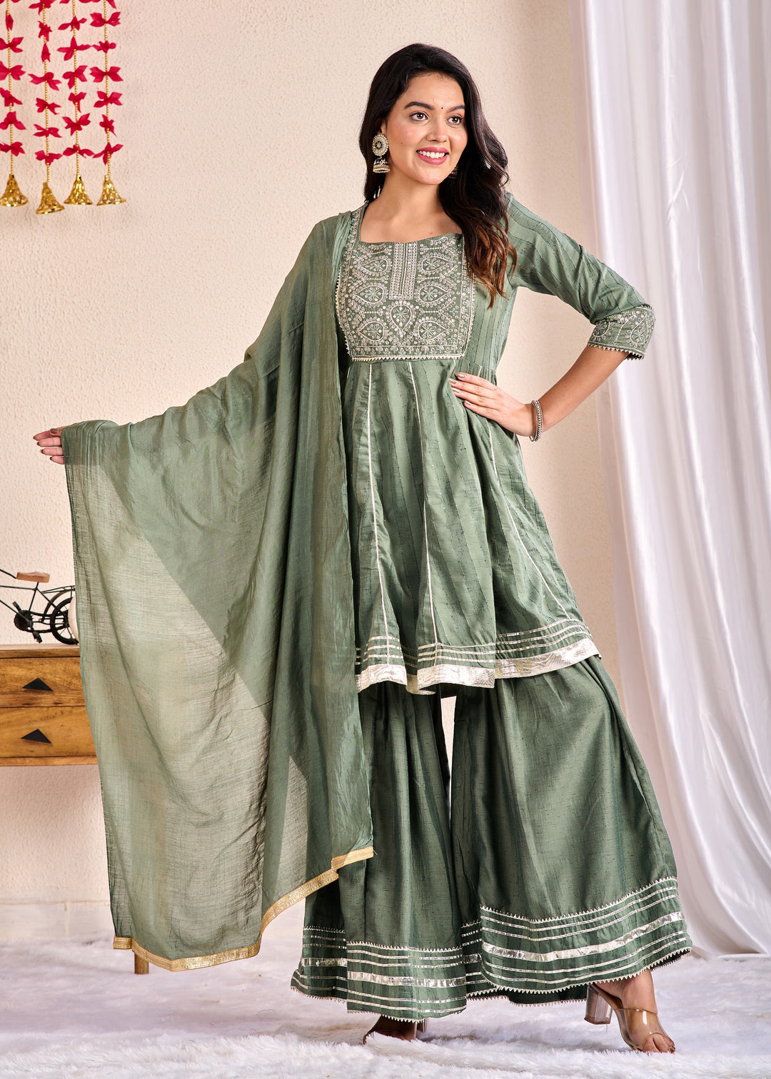 Elegant 3-Piece Muslin Sharara Suit Set with Zardosi, Gotta Patti, and Zari Work