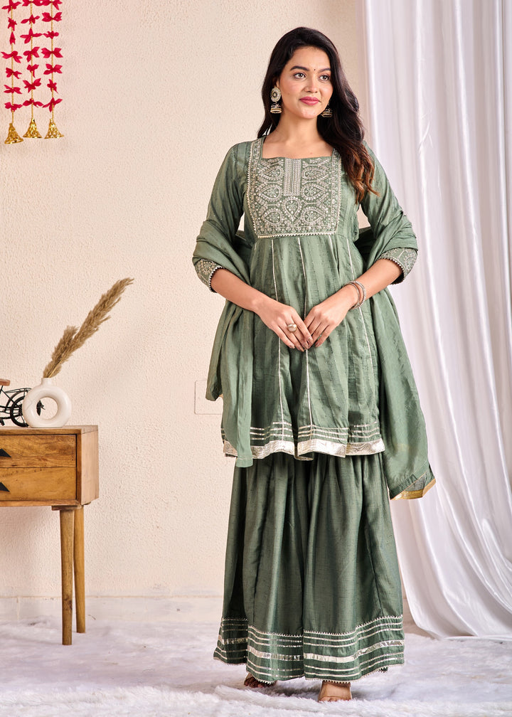 Elegant 3-Piece Muslin Sharara Suit Set with Zardosi, Gotta Patti, and Zari Work