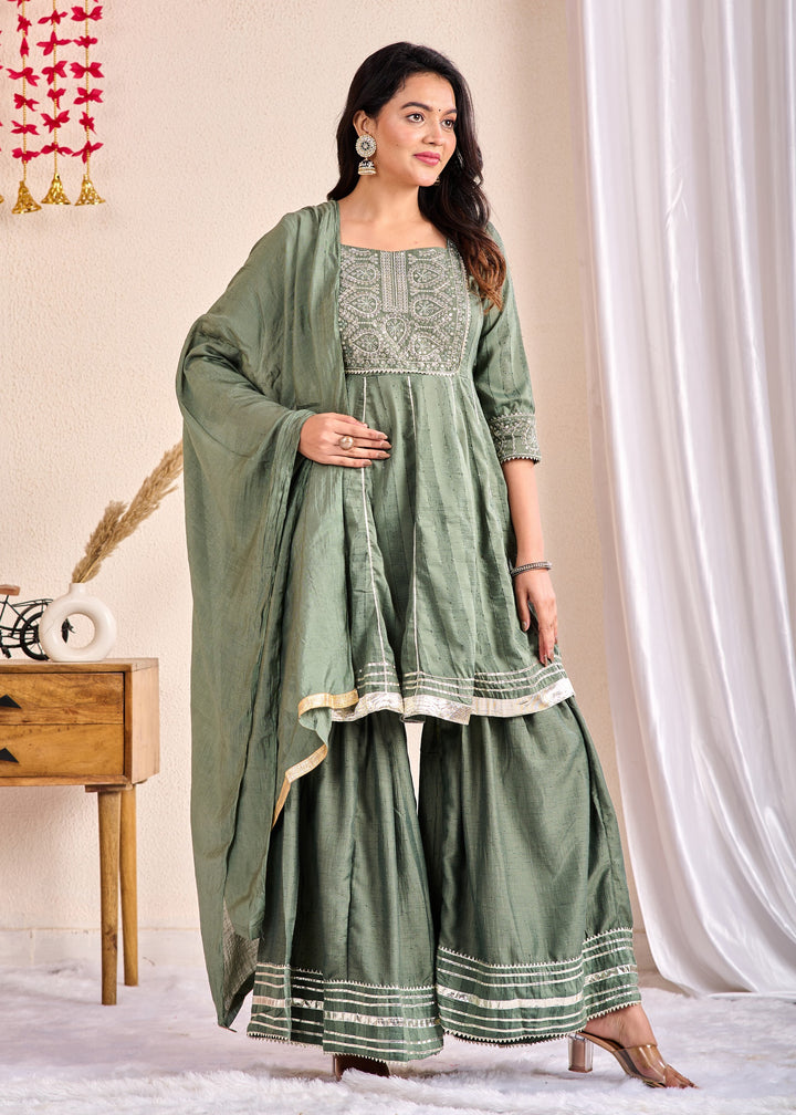 Elegant 3-Piece Muslin Sharara Suit Set with Zardosi, Gotta Patti, and Zari Work