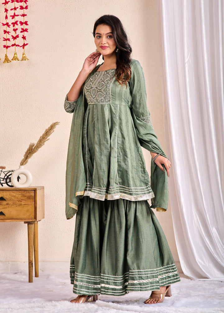 Elegant 3-Piece Muslin Sharara Suit Set with Zardosi, Gotta Patti, and Zari Work