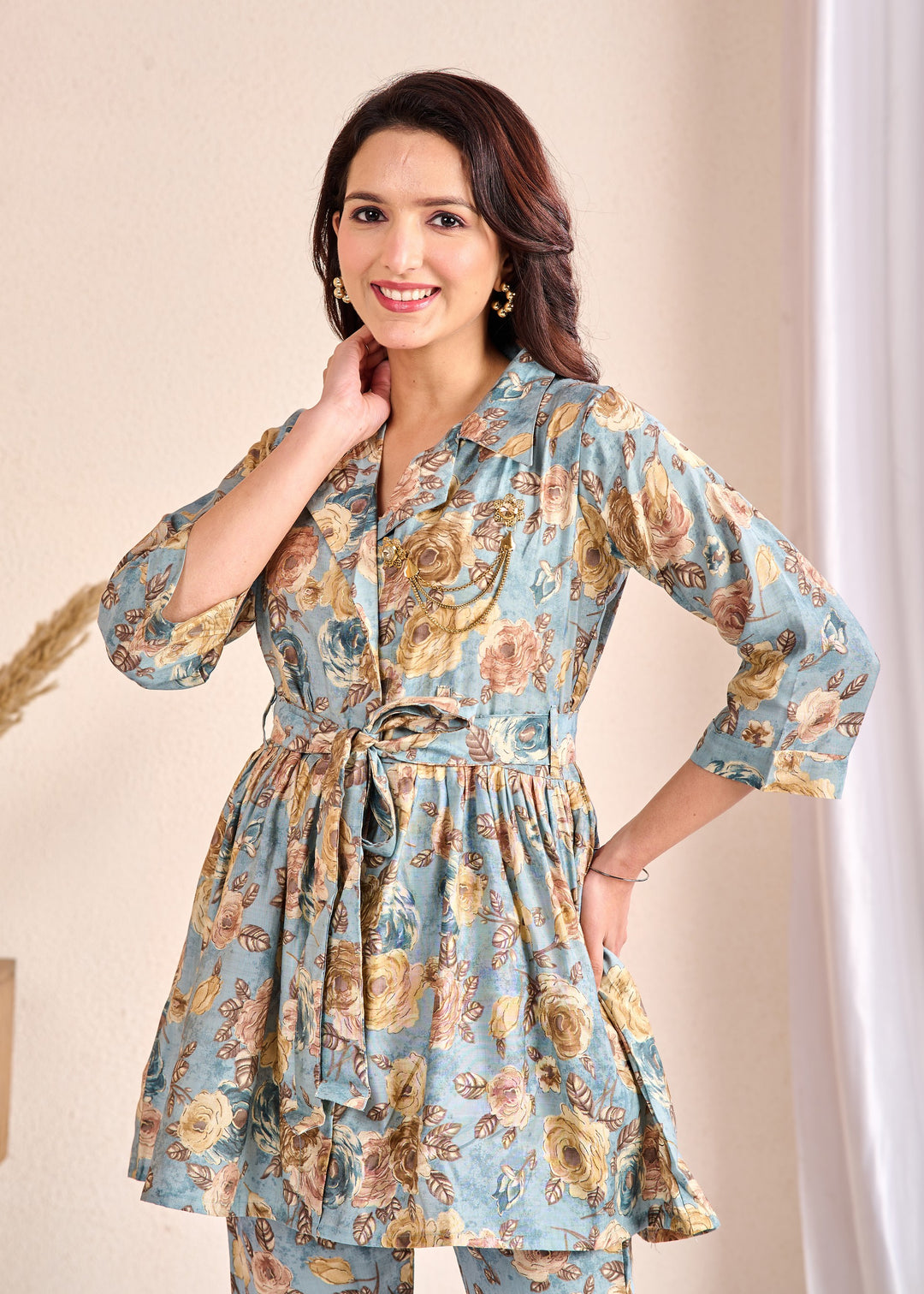 Elegant Cotton Co-Ord Set – 2-Piece Stylish Outfit with Shirt Collar, Half Sleeves, Pin Clip in Sea Green, Grey & Pink