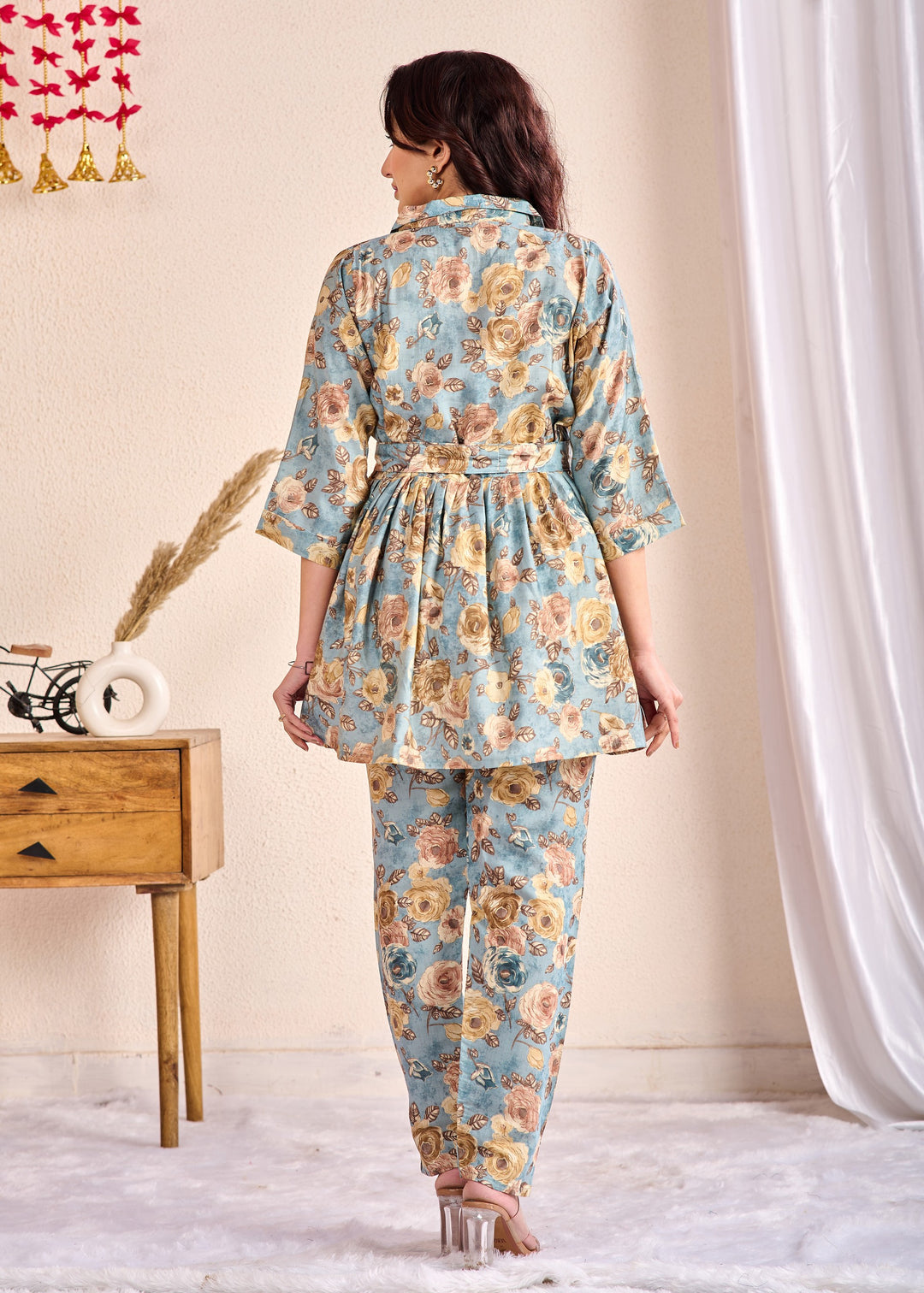 Elegant Cotton Co-Ord Set – 2-Piece Stylish Outfit with Shirt Collar, Half Sleeves, Pin Clip in Sea Green, Grey & Pink