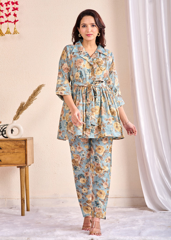 Elegant Cotton Co-Ord Set – 2-Piece Stylish Outfit with Shirt Collar, Half Sleeves, Pin Clip in Sea Green, Grey & Pink