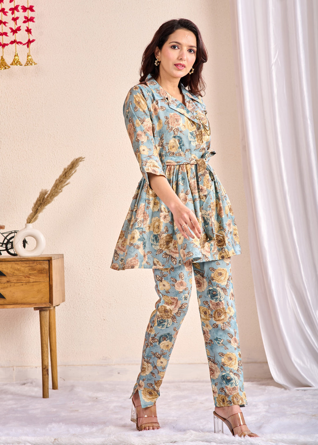 Elegant Cotton Co-Ord Set – 2-Piece Stylish Outfit with Shirt Collar, Half Sleeves, Pin Clip in Sea Green, Grey & Pink