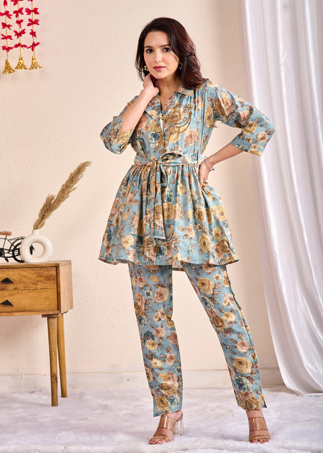 Elegant Cotton Co-Ord Set – 2-Piece Stylish Outfit with Shirt Collar, Half Sleeves, Pin Clip in Sea Green, Grey & Pink