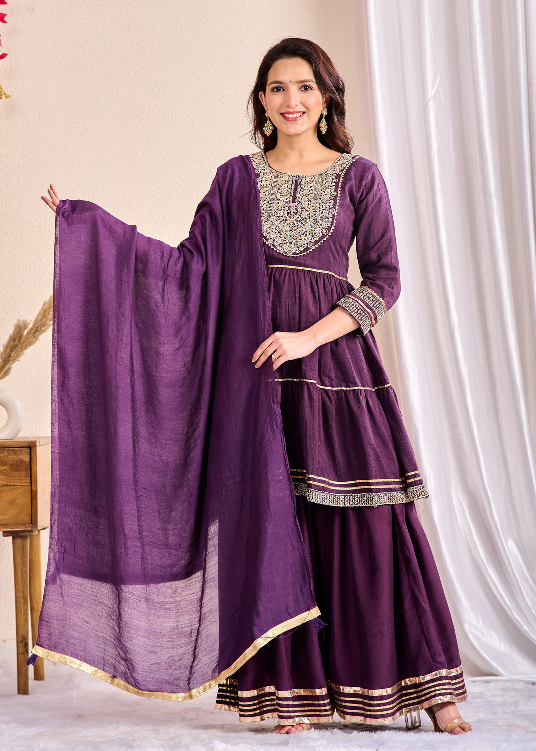 Royal Elegance 3-Piece Muslin Sharara Suit Set – Zardosi, Gotta Patti, and Zari Embellishments