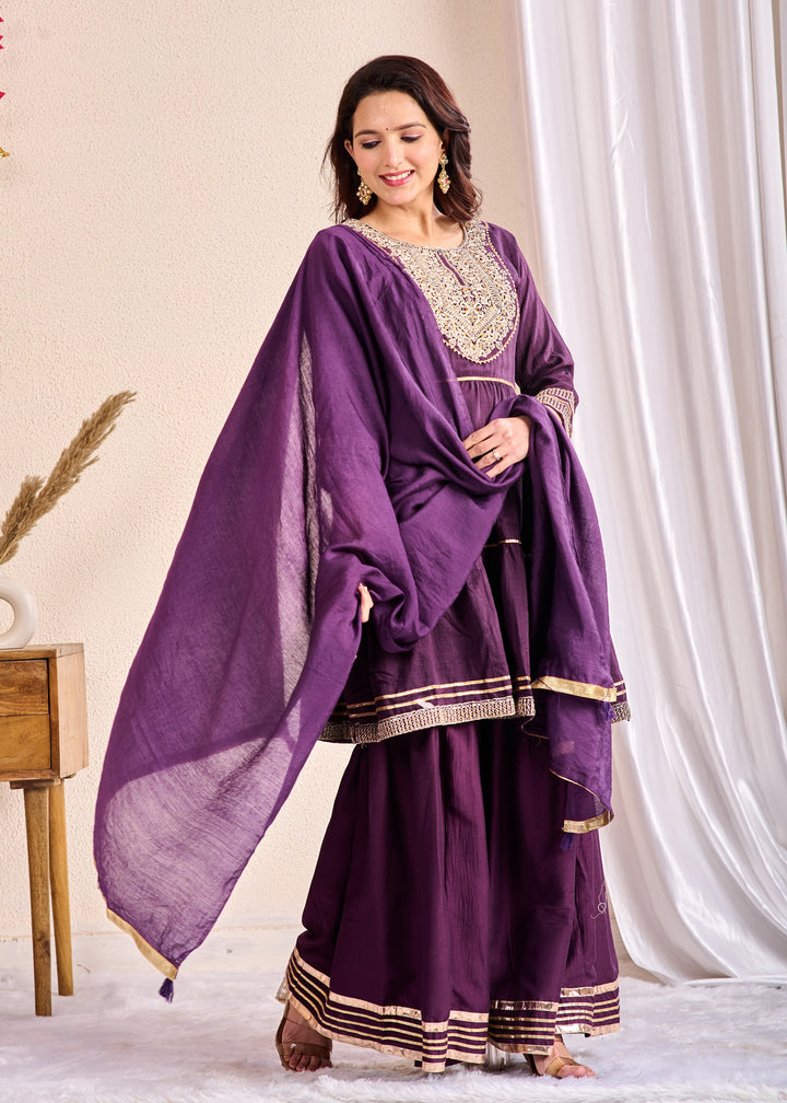 Royal Elegance 3-Piece Muslin Sharara Suit Set – Zardosi, Gotta Patti, and Zari Embellishments