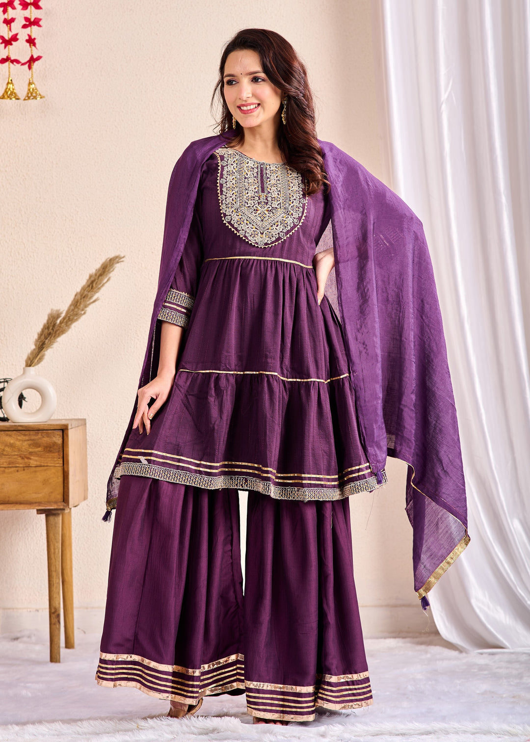 Royal Elegance 3-Piece Muslin Sharara Suit Set – Zardosi, Gotta Patti, and Zari Embellishments