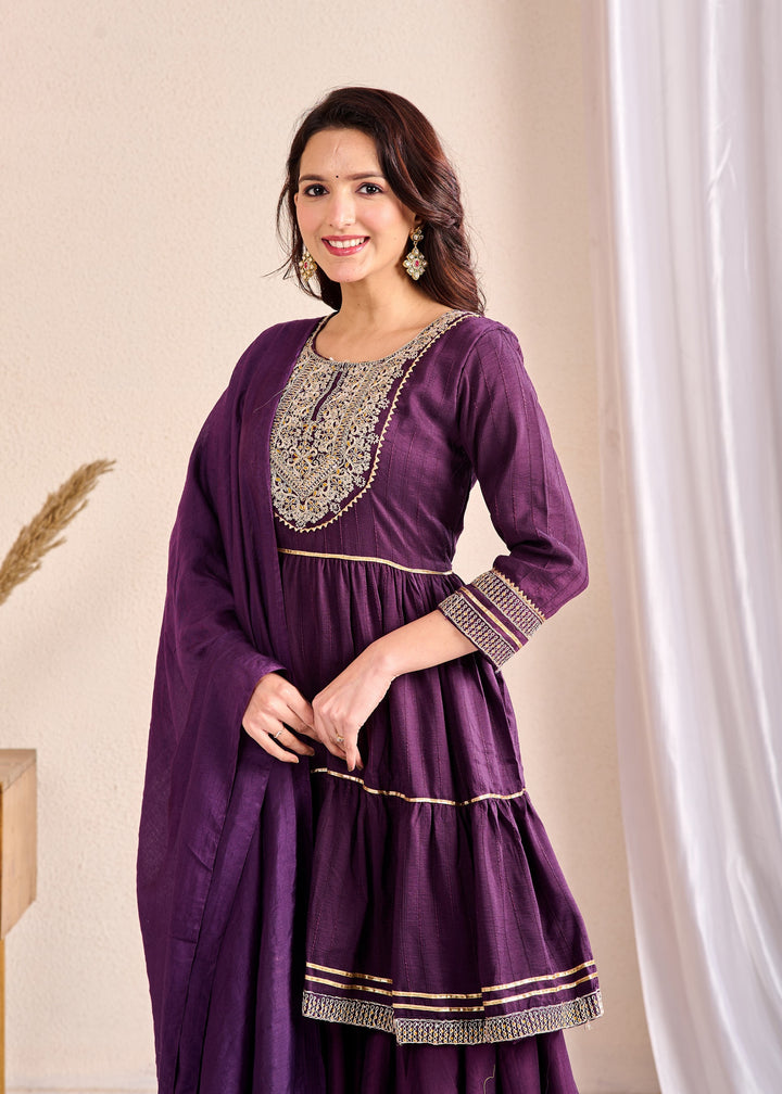 Royal Elegance 3-Piece Muslin Sharara Suit Set – Zardosi, Gotta Patti, and Zari Embellishments
