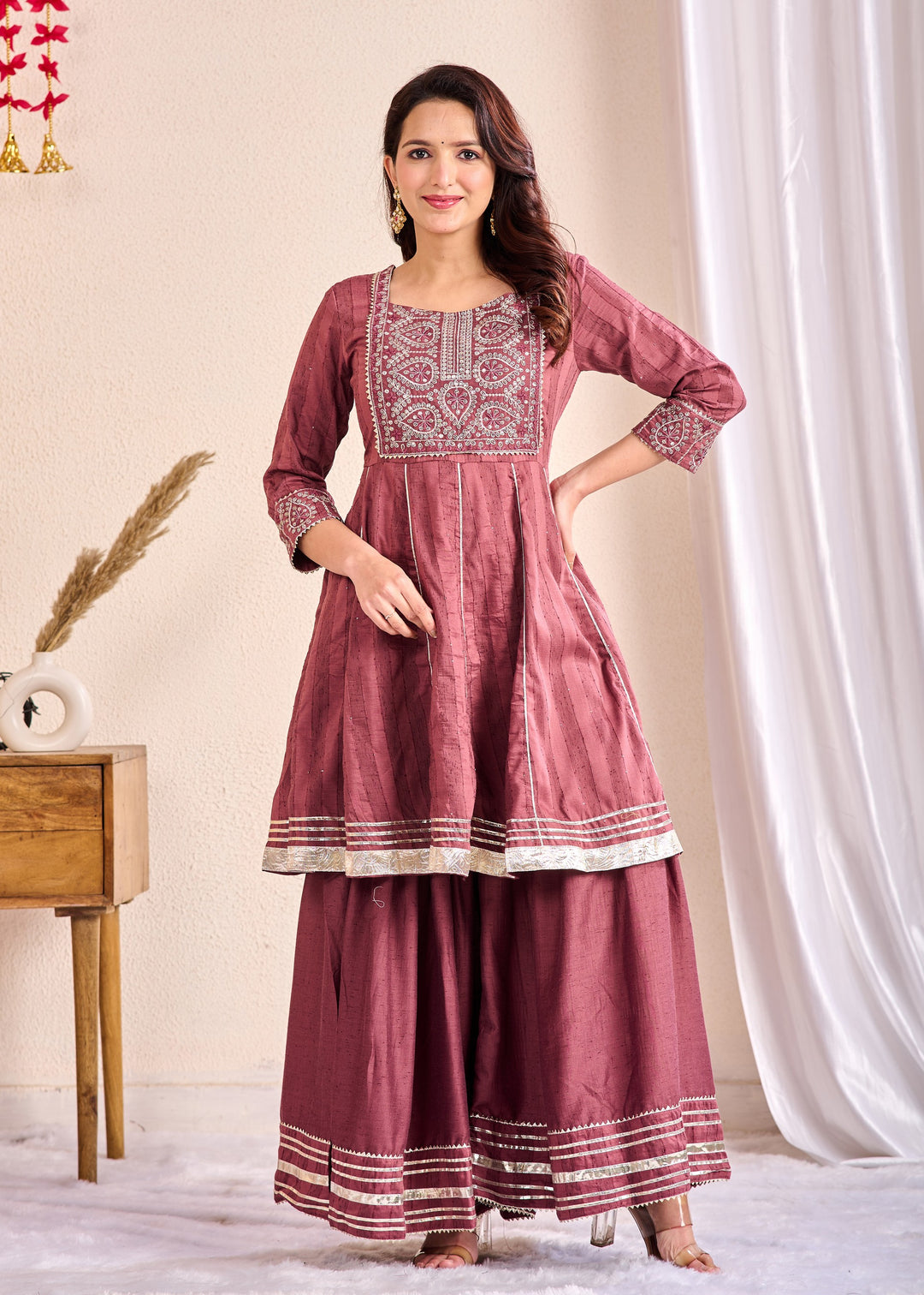 Elegant 3-Piece Muslin Sharara Suit Set with Zardosi, Gotta Patti, and Zari Work