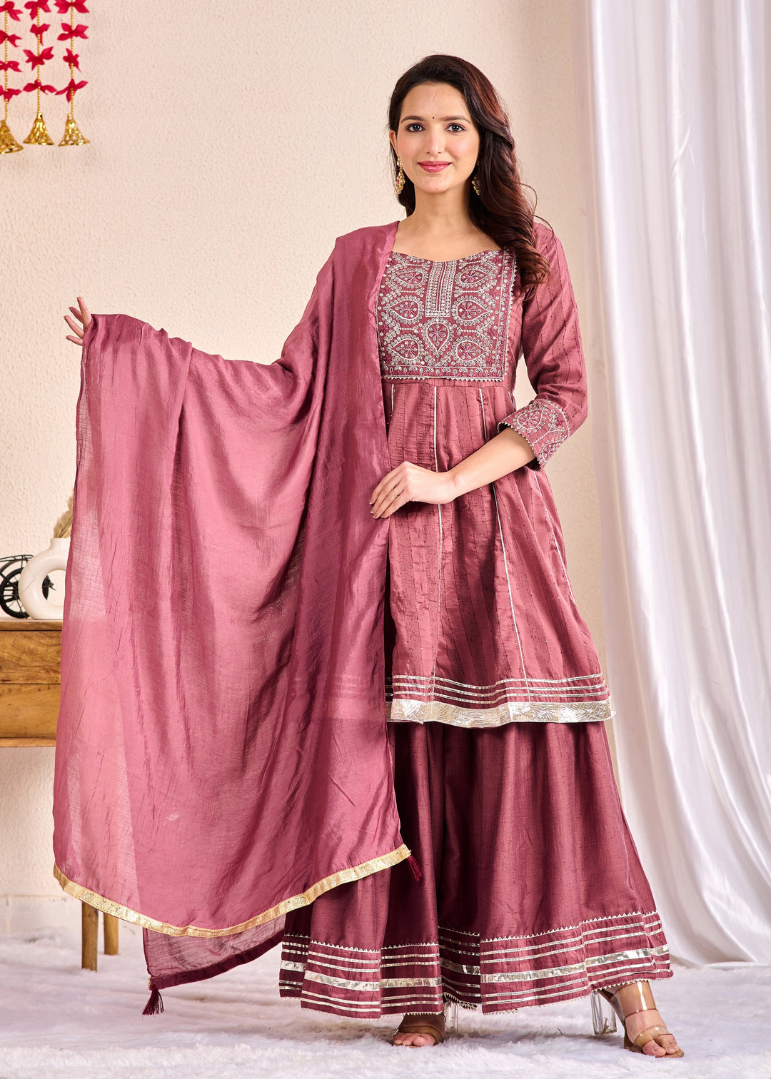 Elegant 3-Piece Muslin Sharara Suit Set with Zardosi, Gotta Patti, and Zari Work
