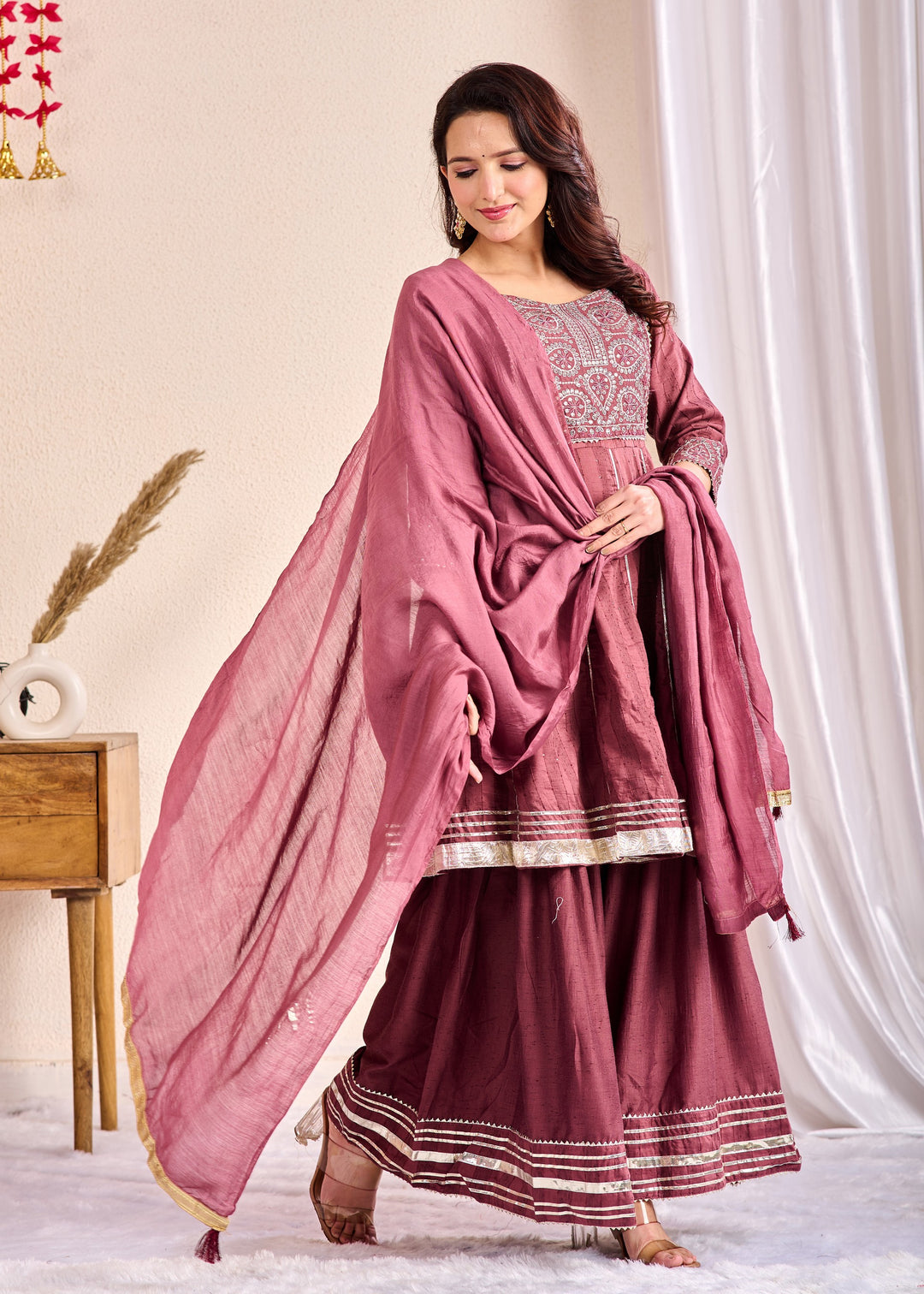 Elegant 3-Piece Muslin Sharara Suit Set with Zardosi, Gotta Patti, and Zari Work