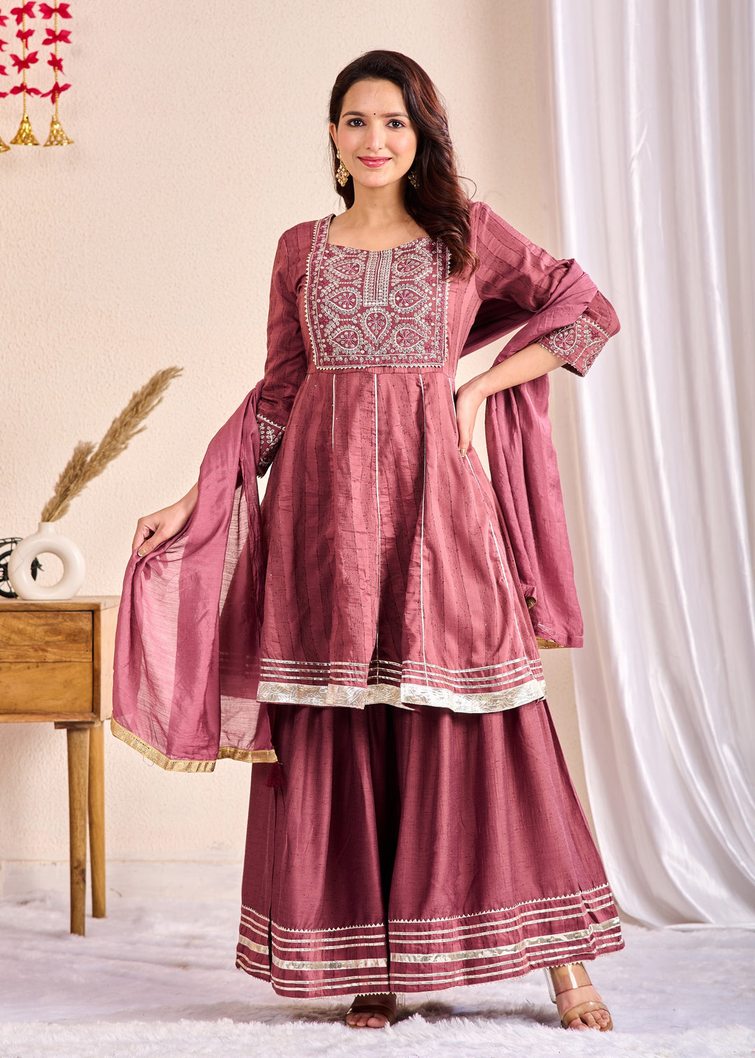 Elegant 3-Piece Muslin Sharara Suit Set with Zardosi, Gotta Patti, and Zari Work