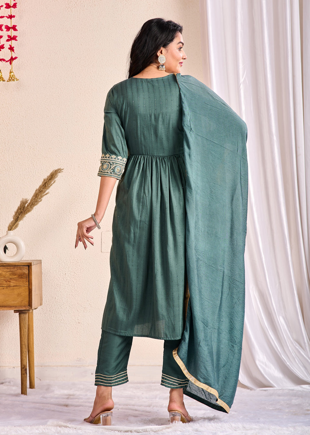 Ethnic Muslin Kurta Set 3-Piece with Zardosi & Gotta Patti - Available in Blue, Red, Pista Green