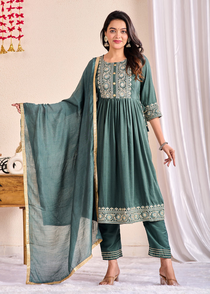 Ethnic Muslin Kurta Set 3-Piece with Zardosi & Gotta Patti - Available in Blue, Red, Pista Green