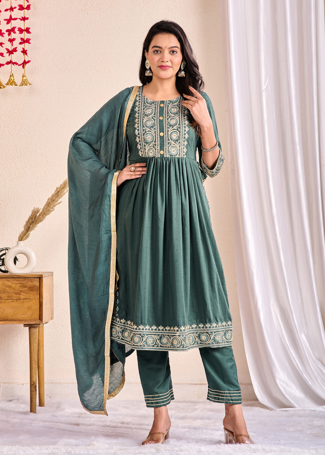 Ethnic Muslin Kurta Set 3-Piece with Zardosi & Gotta Patti - Available in Blue, Red, Pista Green
