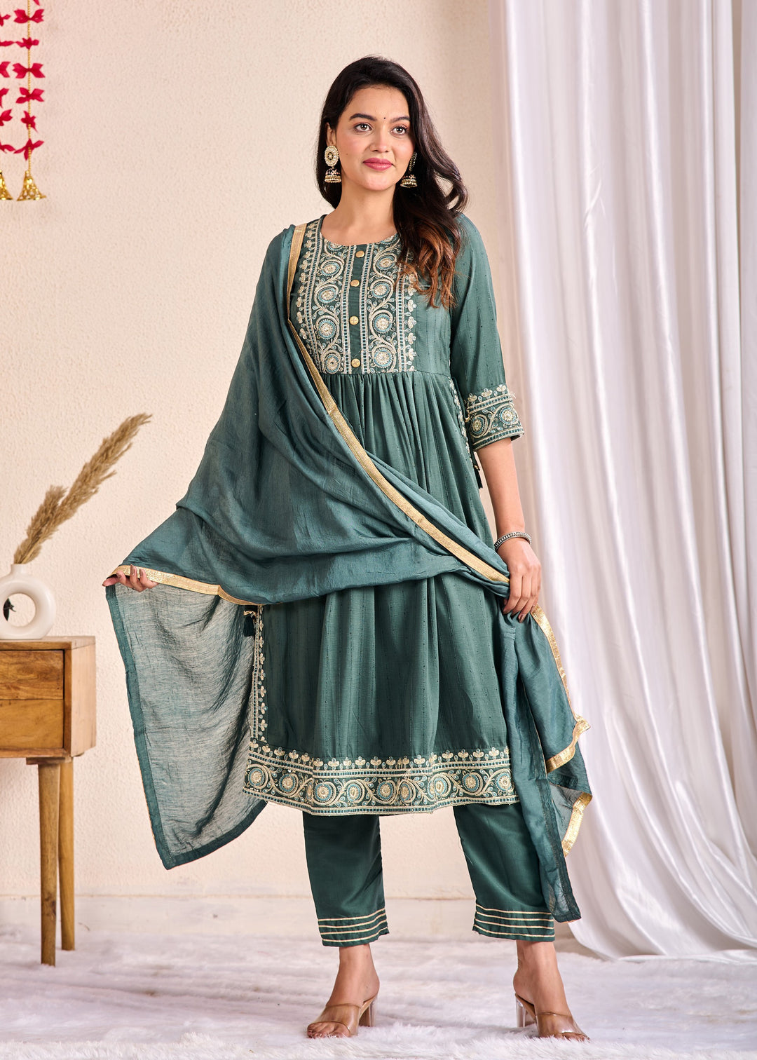 Ethnic Muslin Kurta Set 3-Piece with Zardosi & Gotta Patti - Available in Blue, Red, Pista Green